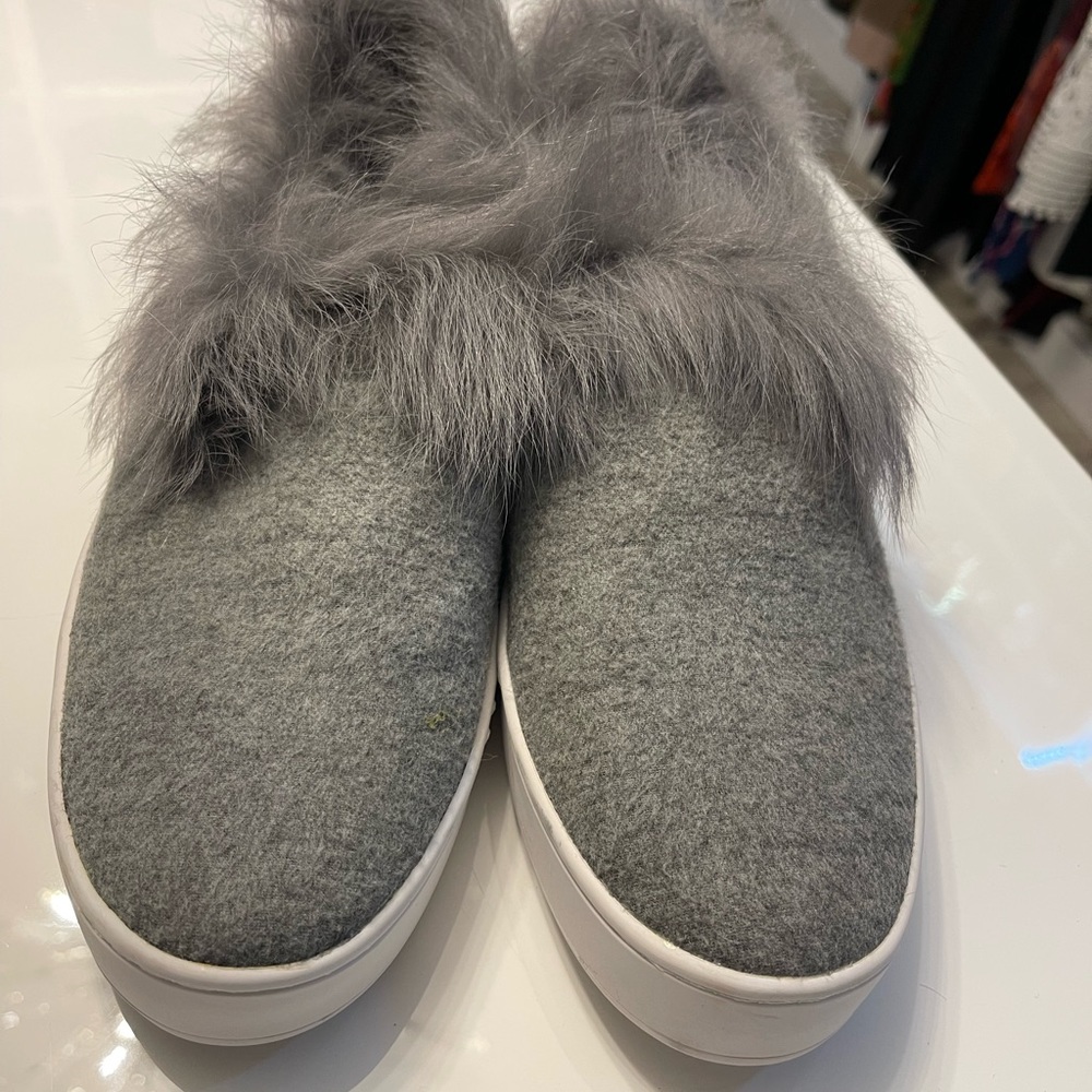 Donna Karan wool and fur slip ons